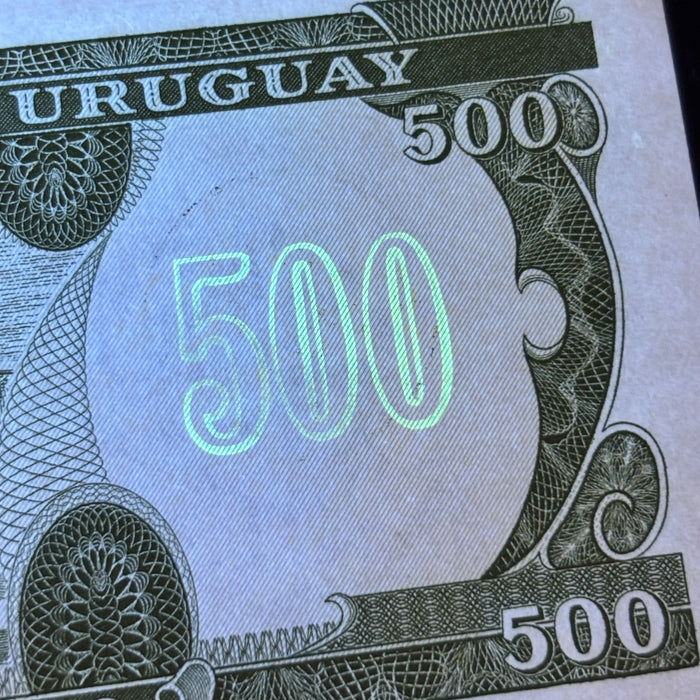 Vintge Banknote 1975 Uruguay UV Verified Artigas Dam Overprint 500 Pesos UNC