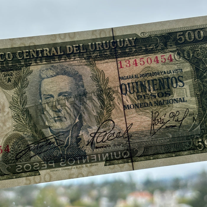 Vintge Banknote 1975 Uruguay UV Verified Artigas Dam Overprint 500 Pesos UNC