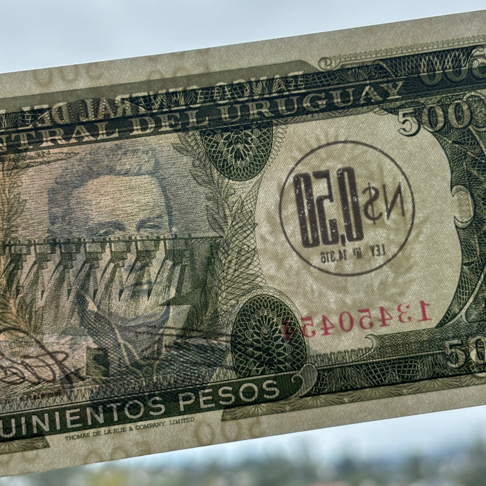 Vintge Banknote 1975 Uruguay UV Verified Artigas Dam Overprint 500 Pesos UNC