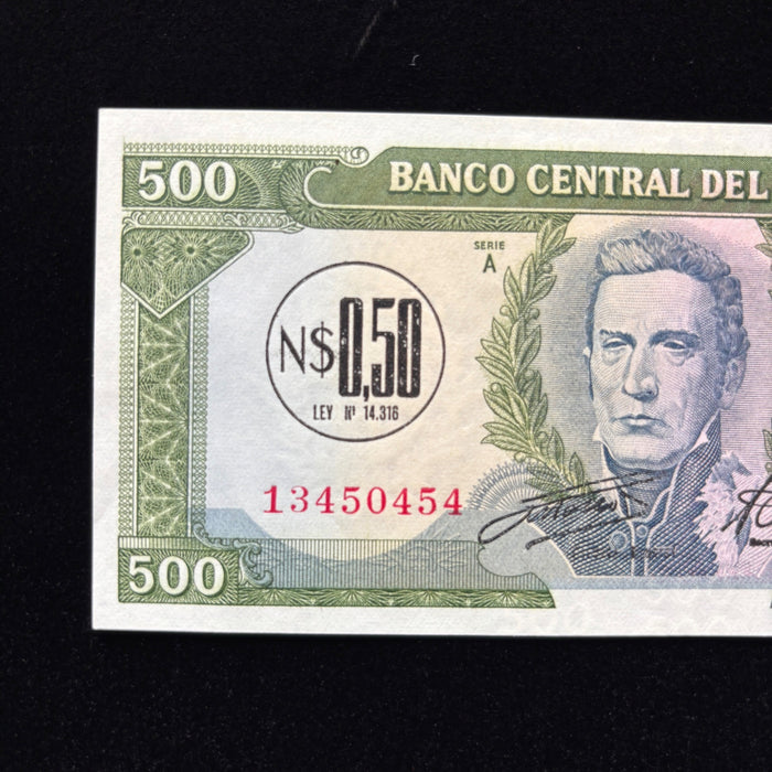 Vintge Banknote 1975 Uruguay UV Verified Artigas Dam Overprint 500 Pesos UNC