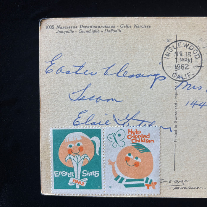 Vintage Postcard 1962 Yellow Daffodil Flower Kessler Easter Crippled Children