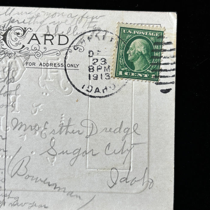 Antique Postcard 1913 Sugar City Idaho Christmas Embossed Dense Holiday Letter