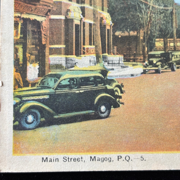 Vintage Postcard 1940s Automobiles Magog Quebec Main Street Canada Petroliana