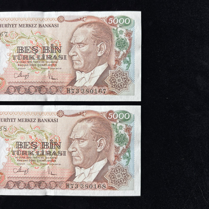 Vintage Banknote 1985 Set Turkey Consecutive Pair 5000 Lirasi UV Verified UNC