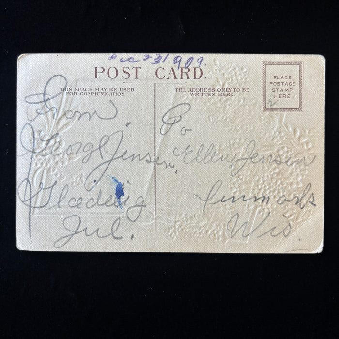 Antique Postcard 1909 Glaedelig Jul Denmark Wisconsin Embossed Blue Flower Xmas