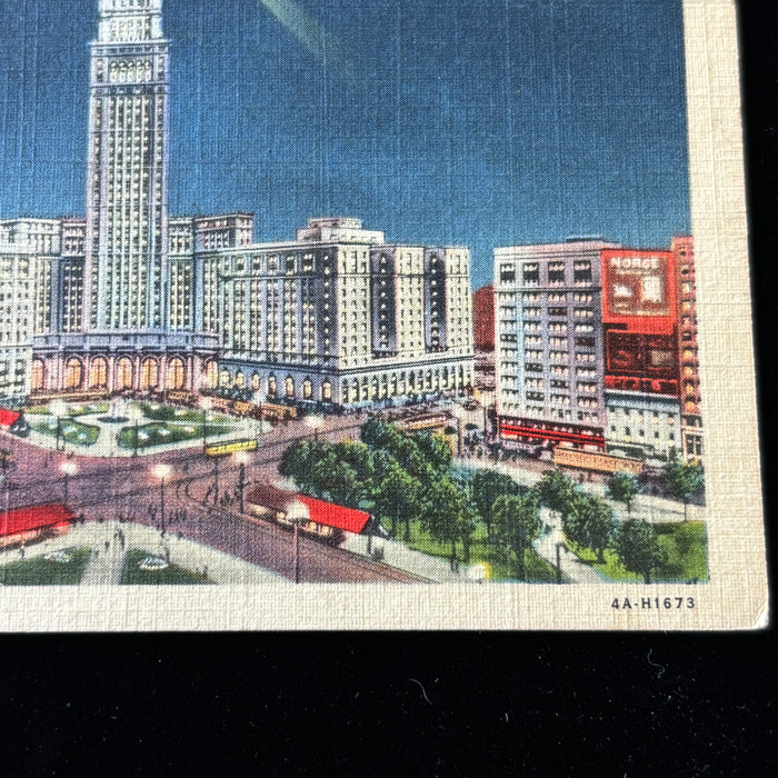 Vintage Postcard 1938 AC Show Bustling Cleveland OH Terminal Tower Night Linen