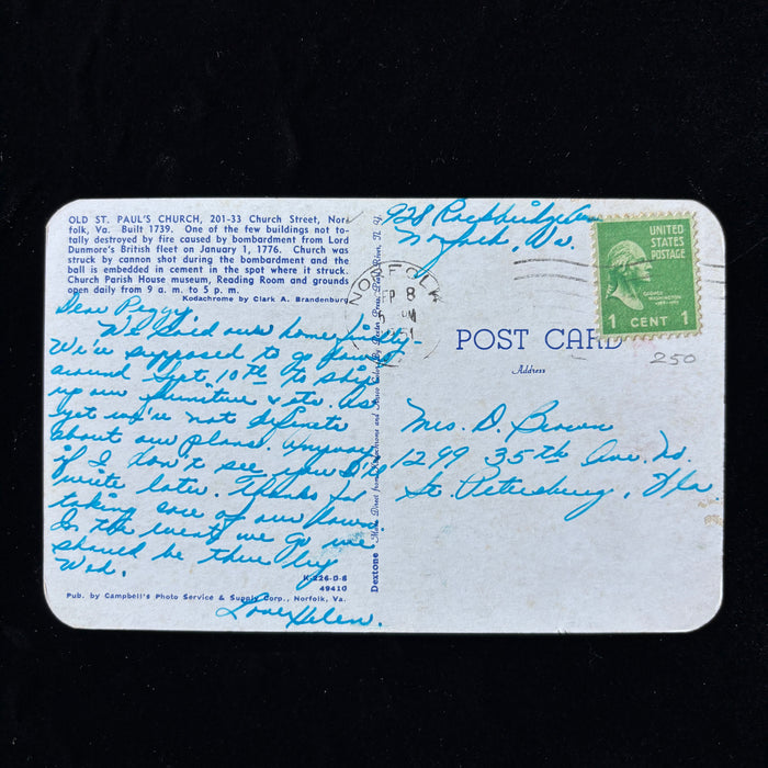 Vintage Postcard 1951 Old St Pauls Church Norfolk VA Revolutionary War History