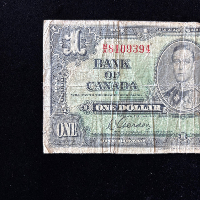 Vintage Banknote 1937 Canada 1 Dollar King George VI Bilingual Series Currency