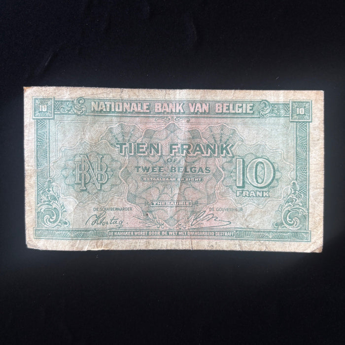 Vintage Banknote 1943 WWII 10 Francs / 2 Belgas Belgium UK Liberation Currency