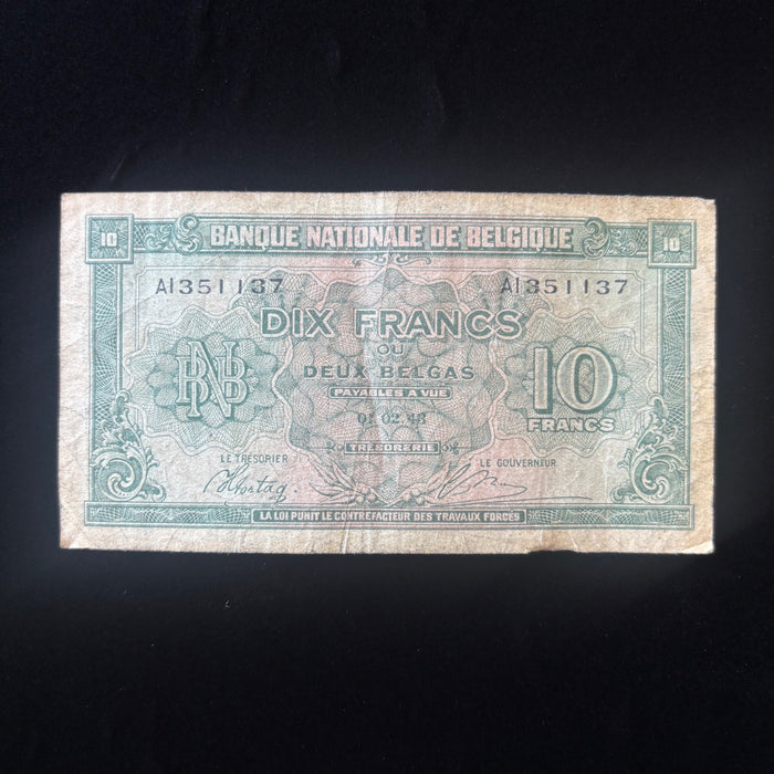 Vintage Banknote 1943 WWII 10 Francs / 2 Belgas Belgium UK Liberation Currency