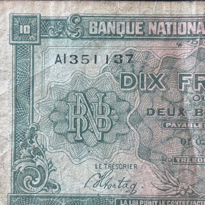 Vintage Banknote 1943 WWII 10 Francs / 2 Belgas Belgium UK Liberation Currency