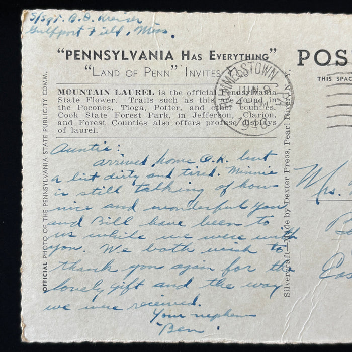 Vintage Postcard 1948 Soldier Mail Dirty Tired Gulfport Army Mountain Laurel PA