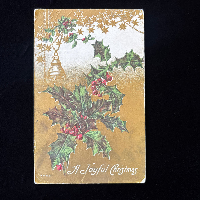 Antique Postcard Joyful Christmas Holly Bell Gold Stars Embossed Mother White
