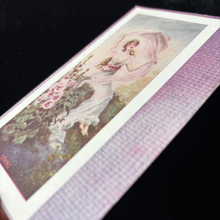 Antique Postcard 1910s Spring Pretty Lady Art Nouveau Pink Hollyhocks