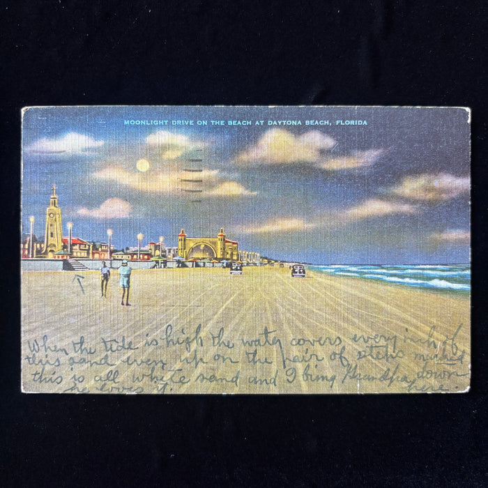 Vintage Postcard 1952 Daytona Beach Florida Racing Speed Autos Moonlight Drive