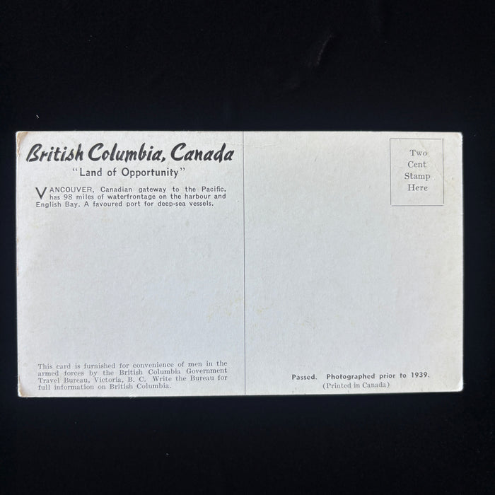 Vintage Postcard WW2 Passed Military Censorship Vancouver Canada Skyline Harbour