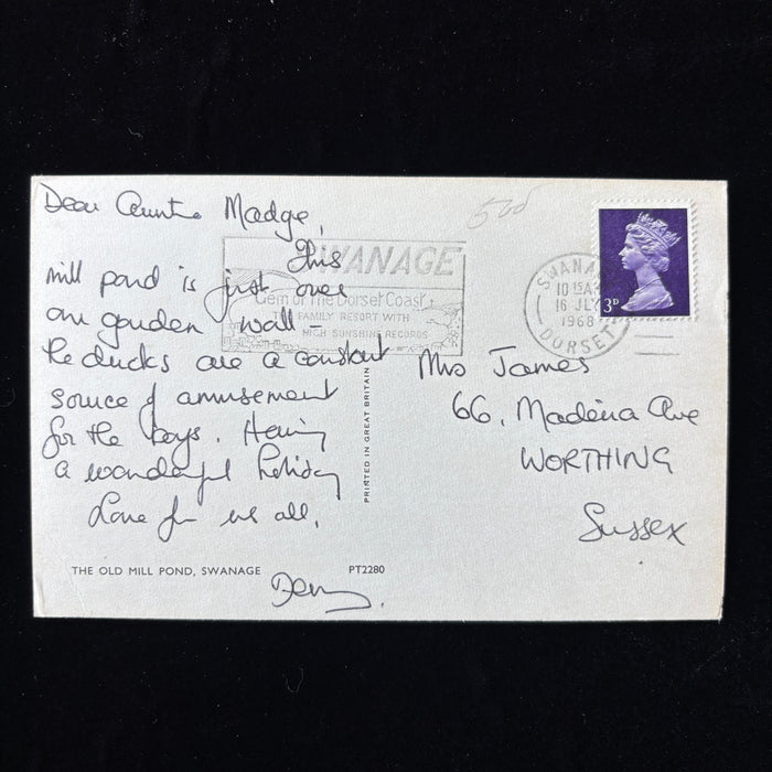 Vintage Postcard 1963 Swanage Mill Pond Gem Dorset Duck Sussex Worthing Holiday