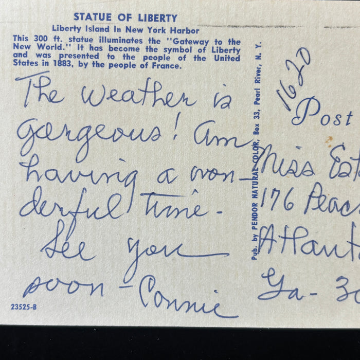 Vintage Postcard 1966 Statue Of Liberty Peachtree St Atlanta GA Posted NY Harbor