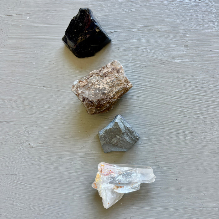 Raw Crystal Set: 4 Opal, Hematite, Black Obsidian & Quartz