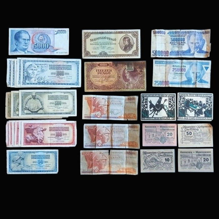 Collection of vintage banknotes from various countries displayed on a black background.