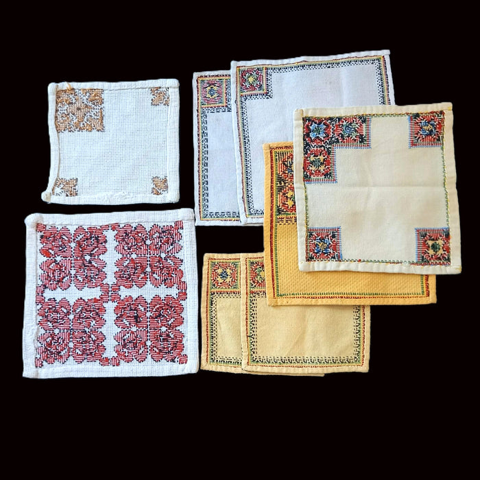Vintage Hungarian Bereg Folk Art 8pc Set Rustic Farmhouse Geometric Cross-Stitch Mat Doilies 1960s