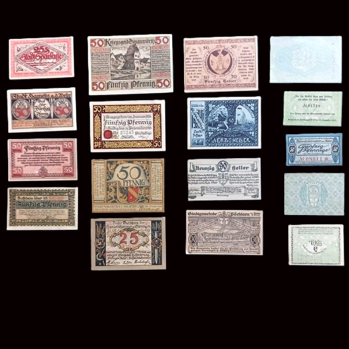 Antique Banknote Notgeld 17pc Collector Set 1917-21 Germany Austria WWI Emergency Paper Art