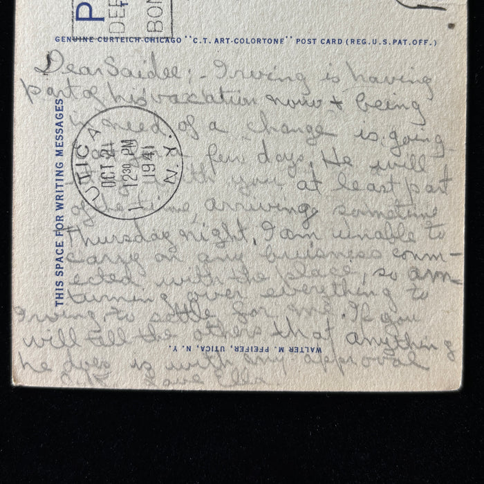 Vintage Postcard 1941 Utica NY Public Library Pre-WWII Message Social History