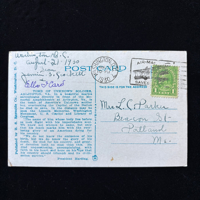 Vintage Postcard 1930 Washington DC Tomb Unknown Soldier Air Mail Saves Time Cancel