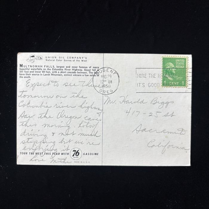 Vintage Postcard 1950 Petroliana 76 Multnomah Falls Oregon Benson Bridge Travel