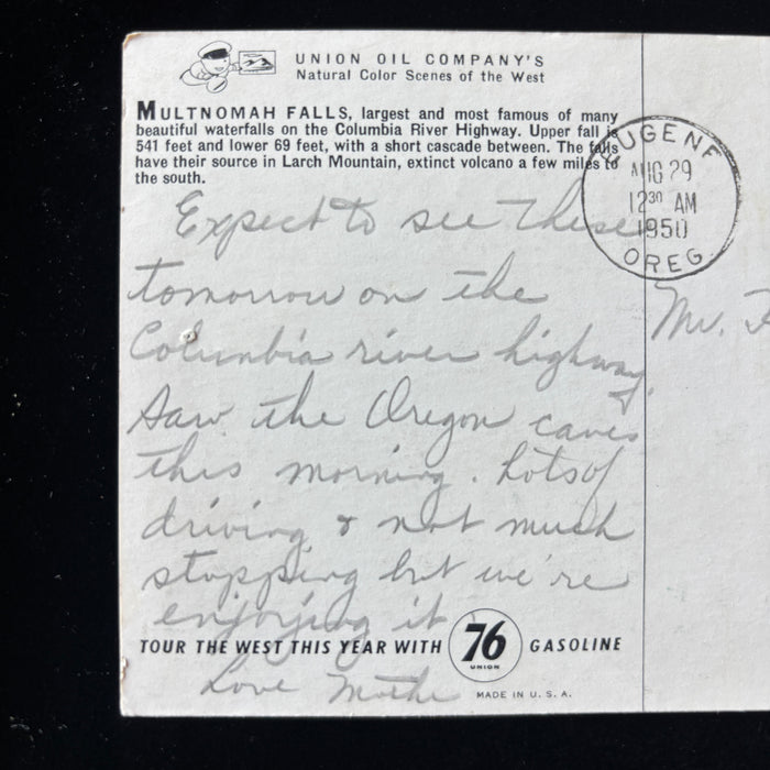 Vintage Postcard 1950 Petroliana 76 Multnomah Falls Oregon Benson Bridge Travel