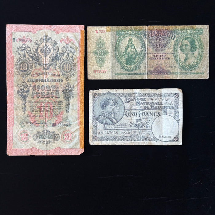 Vintage Banknote Lot 1909 Russia 1929 Hungary 1938 Belgium Historic Collection