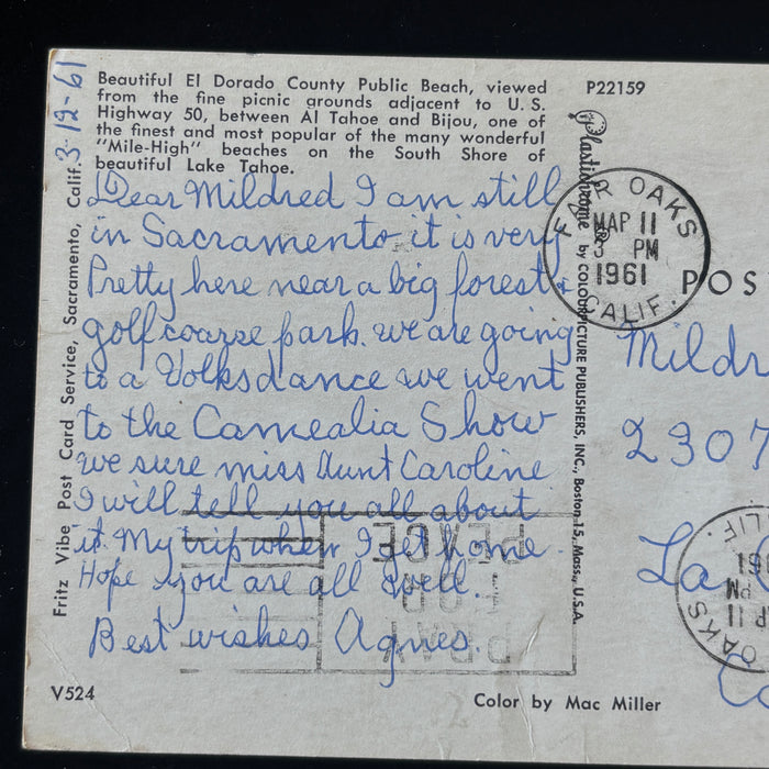 Vintage Postcard 1961 Lake Tahoe El Dorado County Beach Pray For Peace Cancel CA
