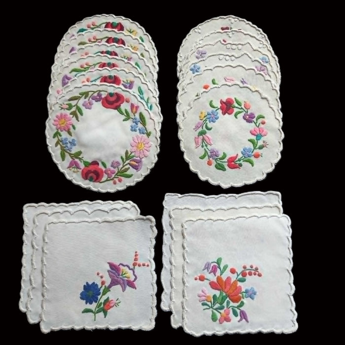Vintage Hungarian Kalocsa Doily 18pc Set Hand Embroidered Floral Cottage Table Decor 1970s