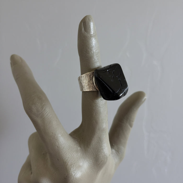 Black Tourmaline Ring Tumbled Stone Adjustable Chunky Statement