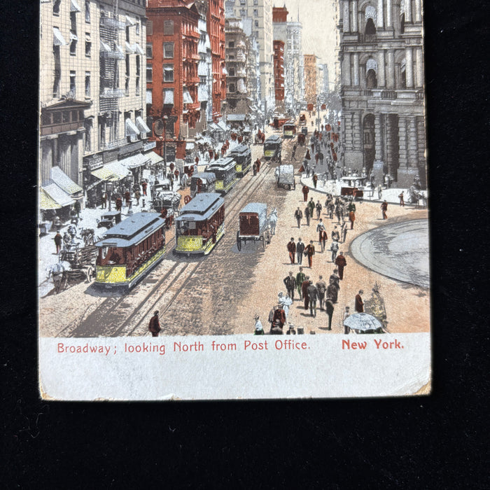 Antique Postcard 1910 Ghosting Msg Broadway Post Office NYC Trolley Street Life