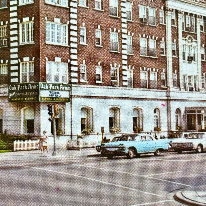 Vintage Postcard 1970s Oak Park Arms Hotel IL Classic Car Religious Conversation