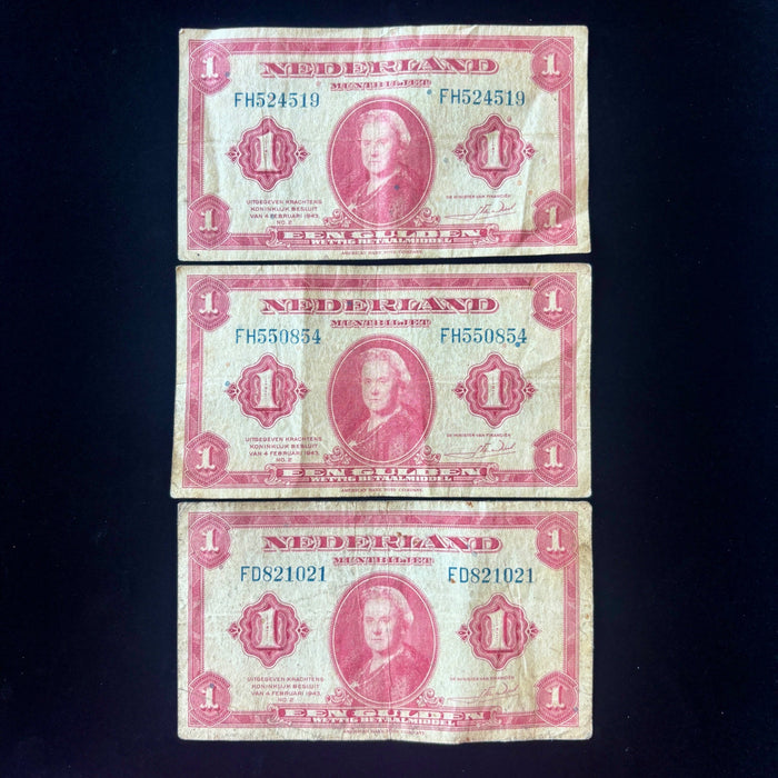 Vintage Banknote 1943 Lot of 3 Dutch WWII Queen Wilhelmina Muntbiljet Netherlands