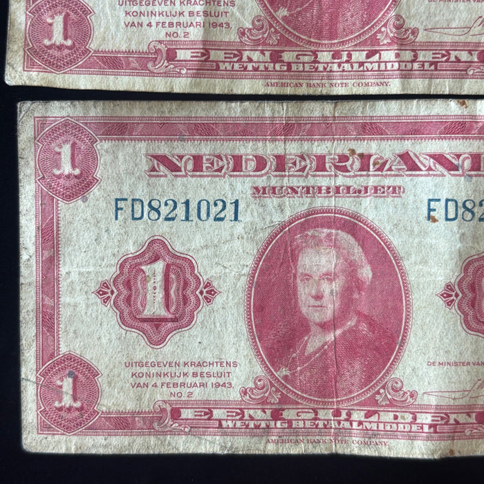Vintage Banknote 1943 Lot of 3 Dutch WWII Queen Wilhelmina Muntbiljet Netherlands
