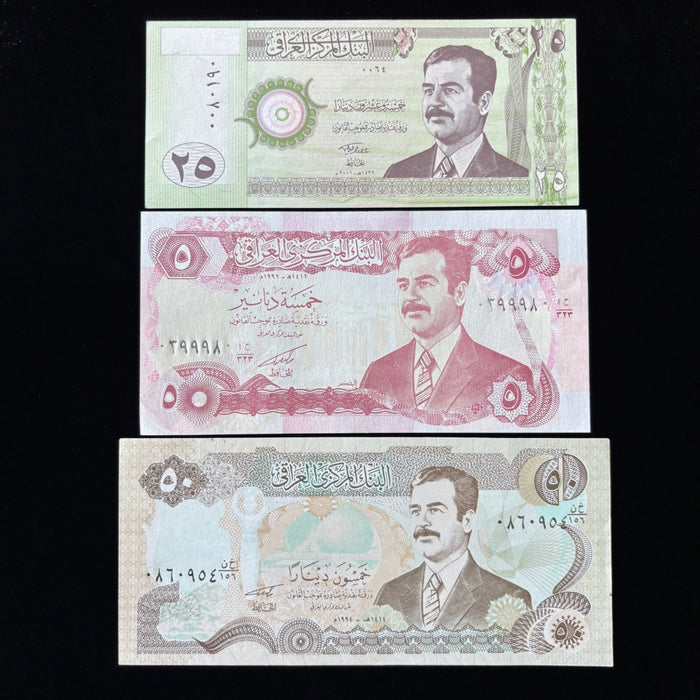 Vintage Banknote Lot of 3 Iraq Saddam Hussein Gulf War 5, 25, 50 UV Verified UNC