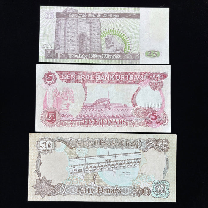 Vintage Banknote Lot of 3 Iraq Saddam Hussein Gulf War 5, 25, 50 UV Verified UNC