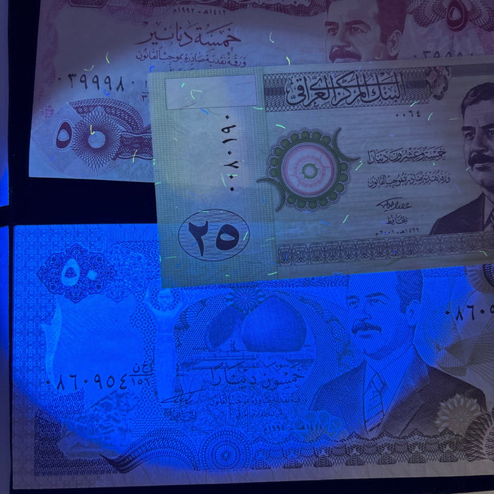 Vintage Banknote Lot of 3 Iraq Saddam Hussein Gulf War 5, 25, 50 UV Verified UNC
