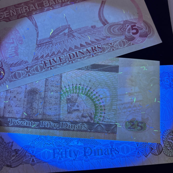 Vintage Banknote Lot of 3 Iraq Saddam Hussein Gulf War 5, 25, 50 UV Verified UNC