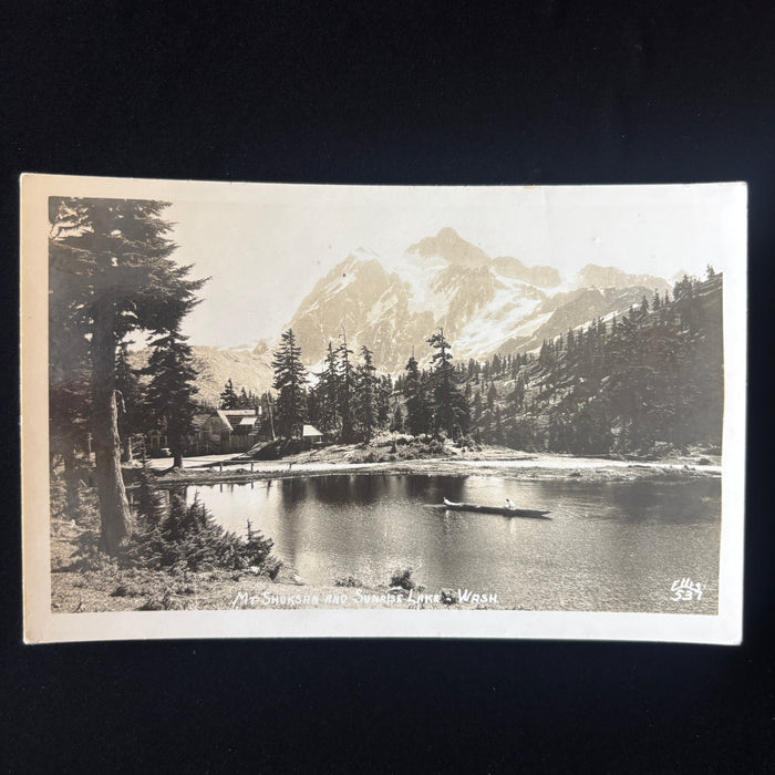 Vintage Postcard RPPC Canoe Shuksan Sunrise Lake Rustic Historic Mountain Lodge