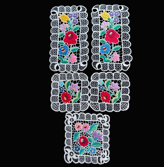 Vintage Hungarian Kalocsa Doily Set 5 Richelieu Lace Hand-Embroidered Table Mats 1970s