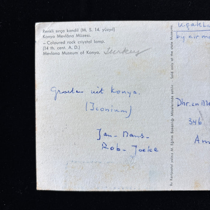 Vintage Postcard 1969 Konya Turkey Mevlana Museum Rock Lamp Artifact to Holland