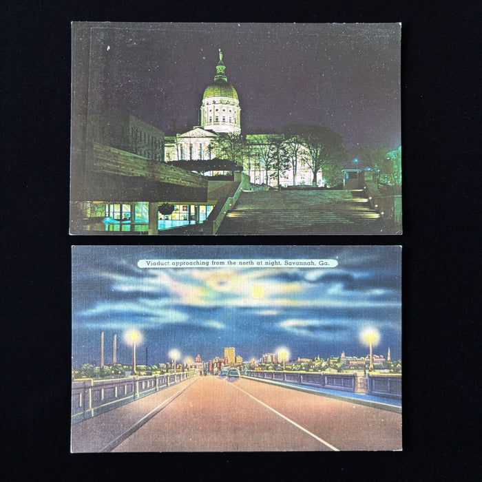 Vintage Postcard Lot 2 Georgia Night Atlanta State Capitol Savannah Viaduct Cars