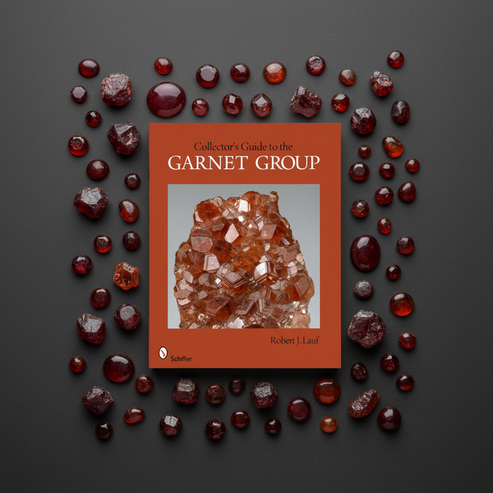 Book cover of 'Collector's Guide to the Garnet Group' with a garnet crystal image on an orange background.