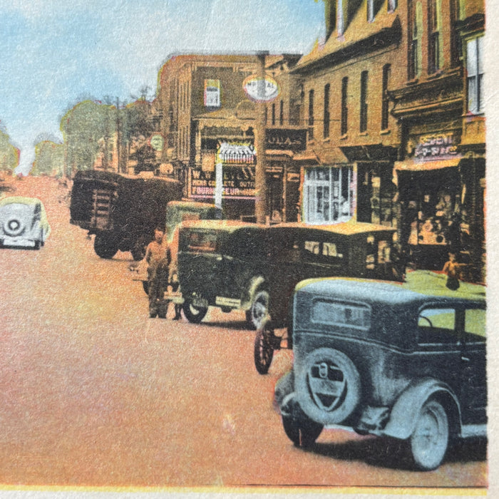 Vintage Postcard 1940s Automobiles Magog Quebec Main Street Canada Petroliana
