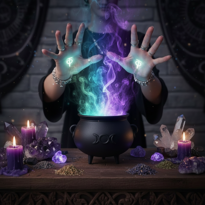 Black cast iron cauldron with a lid held by a hand on a gray background