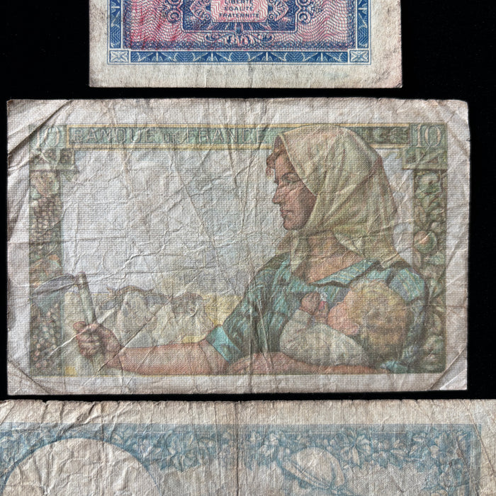 Vintage Banknote Set WWII France Allied 2 & 10 Francs Goddess Miner Lot 3 Pcs